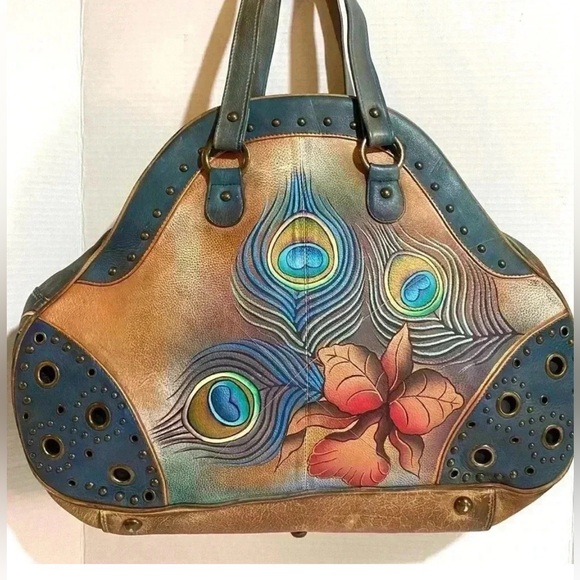 Anuschka Handbags - Anuschka Peacock Feather Hibiscus Extra Large Satchel Hobo Retired Vintage